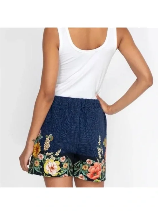 Johnny Was Dragona Easy Shorts XL Dragon Floral Boho Navy Polka Dot Pull-On - Picture 2 of 12